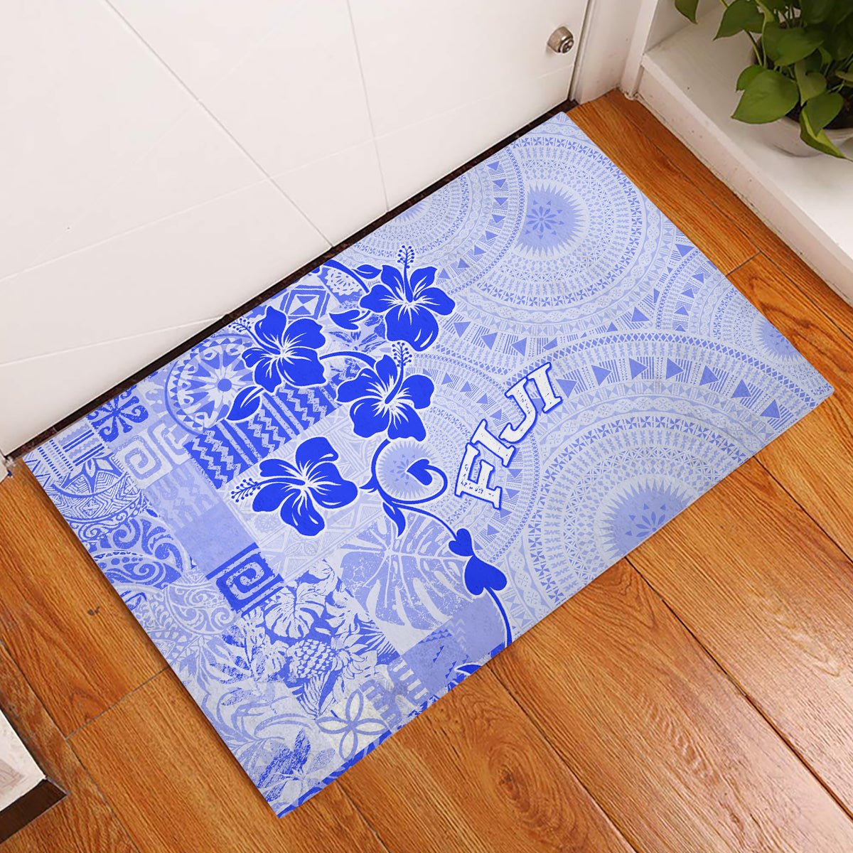 Fiji Masi With Hibiscus Tapa Tribal Rubber Doormat Blue Pastel LT01 Blue - Polynesian Pride