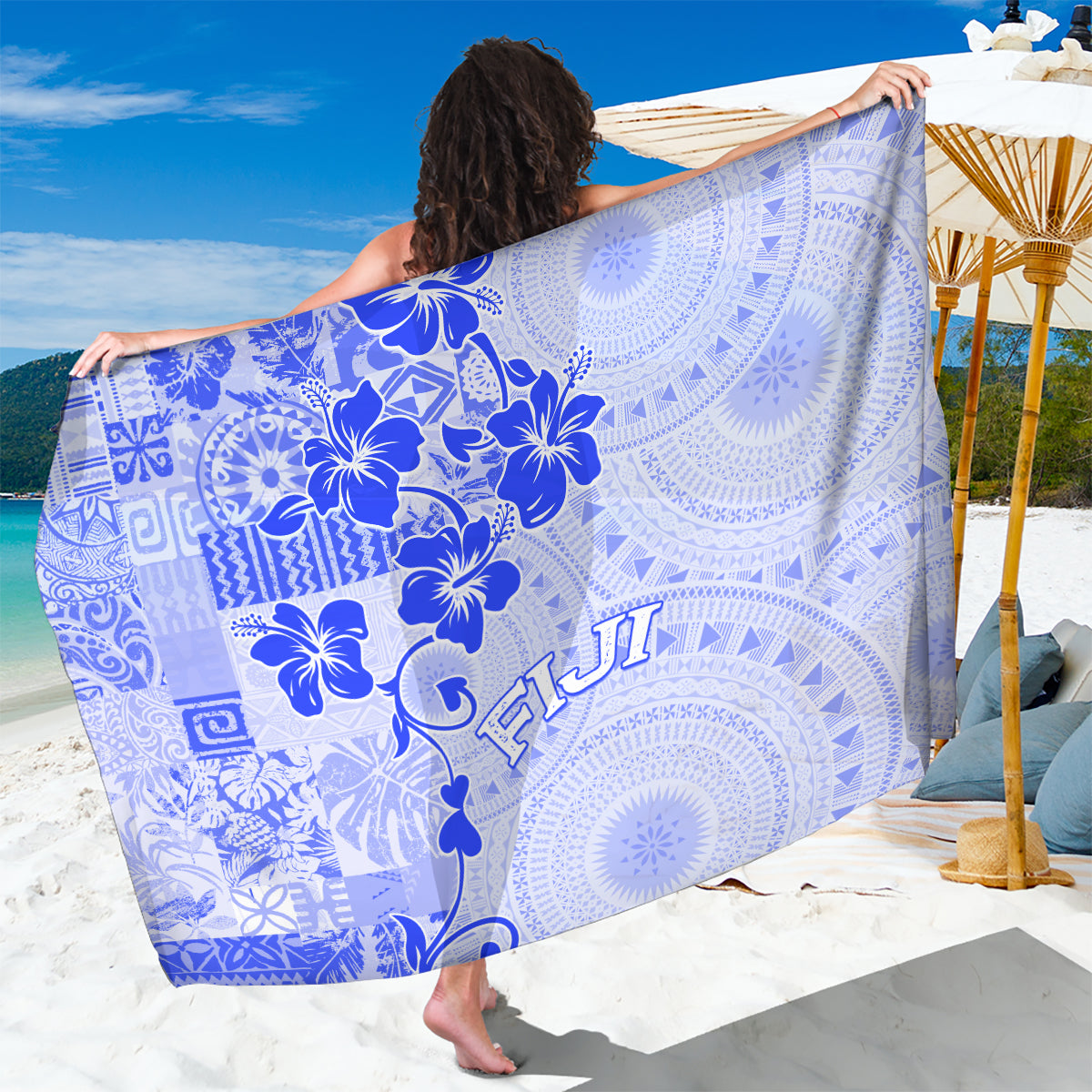 Fiji Masi With Hibiscus Tapa Tribal Sarong Blue Pastel LT01 One Size 44 x 66 inches Blue - Polynesian Pride