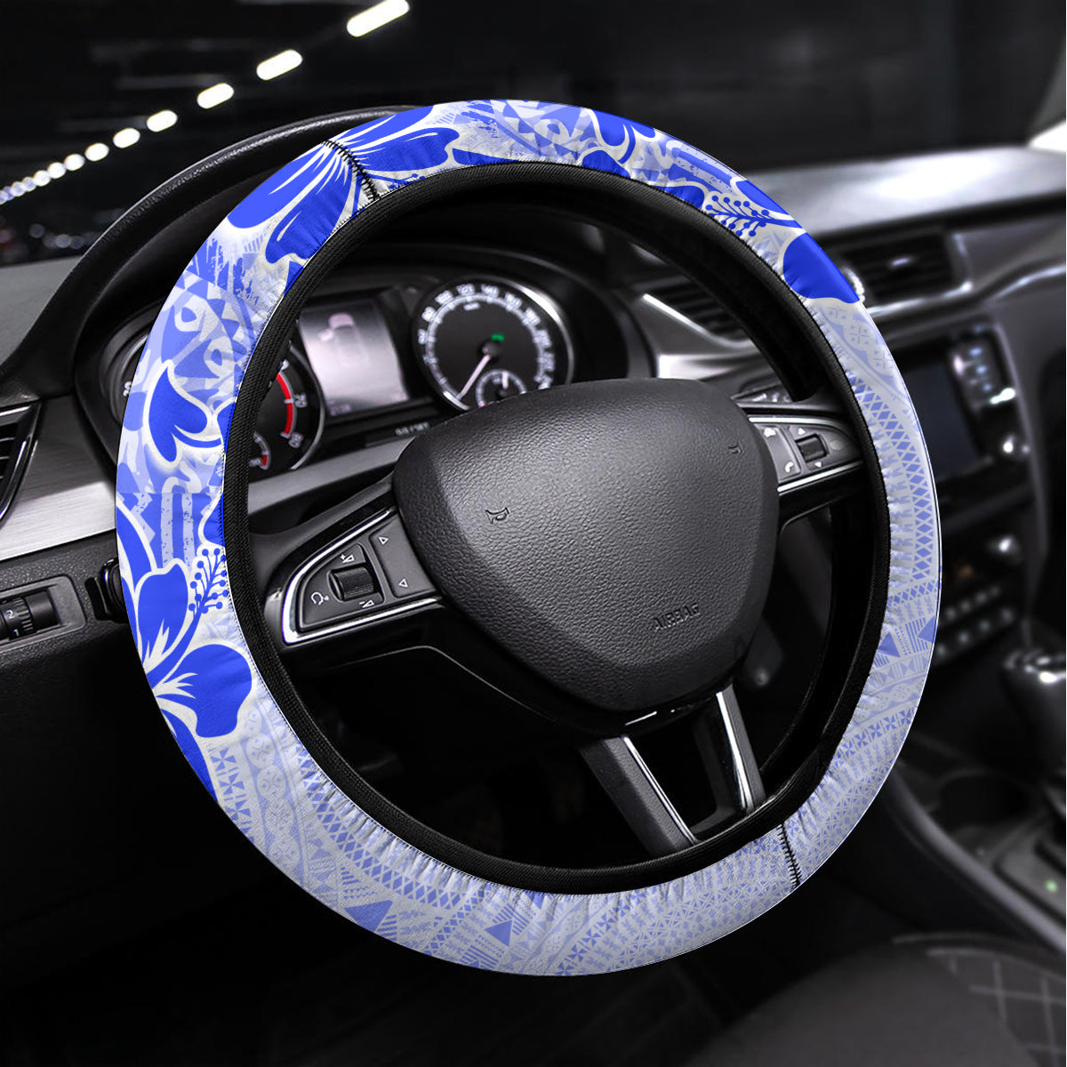 Fiji Masi With Hibiscus Tapa Tribal Steering Wheel Cover Blue Pastel