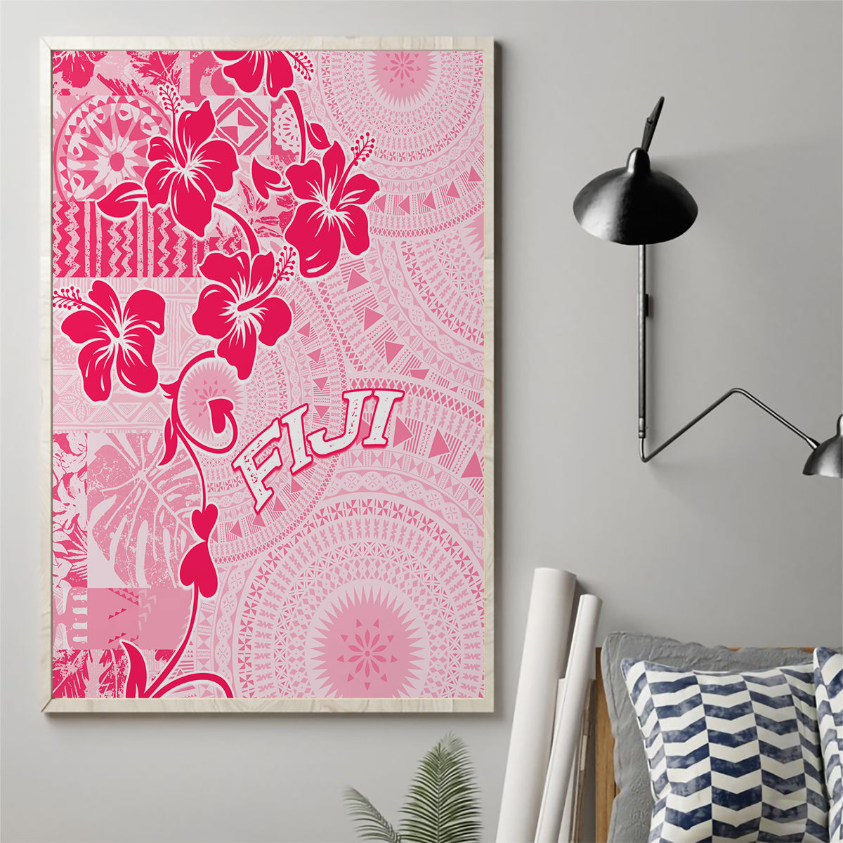Fiji Masi With Hibiscus Tapa Tribal Canvas Wall Art Pink Pastel LT01 - Polynesian Pride
