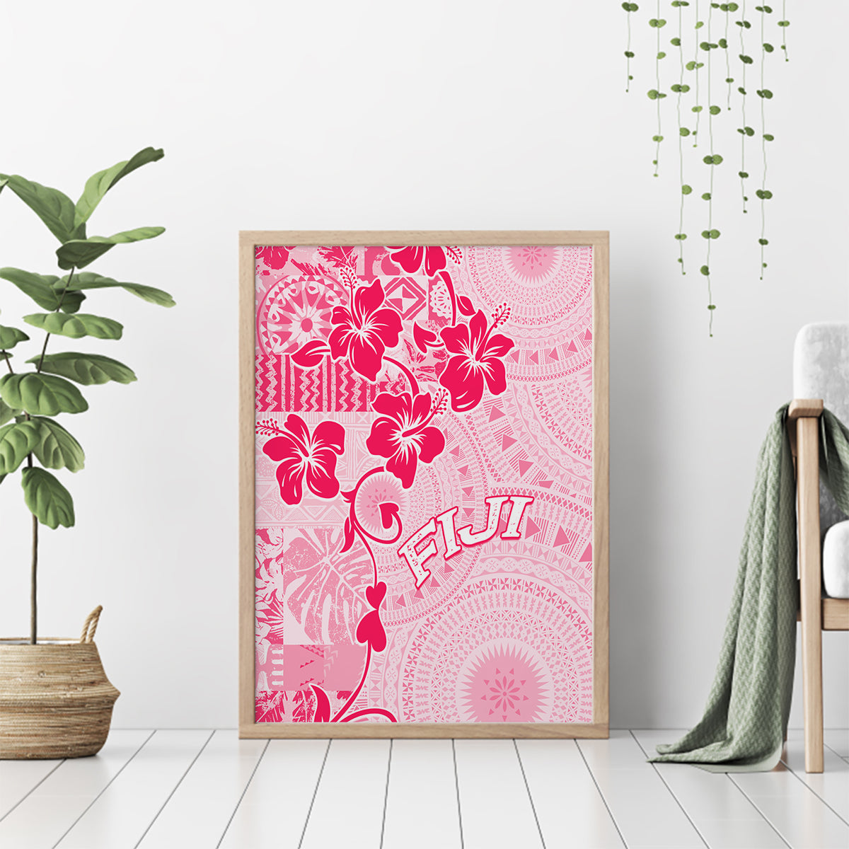 Fiji Masi With Hibiscus Tapa Tribal Canvas Wall Art Pink Pastel LT01 - Polynesian Pride