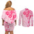 Fiji Masi With Hibiscus Tapa Tribal Couples Matching Off Shoulder Short Dress and Long Sleeve Button Shirt Pink Pastel LT01 - Polynesian Pride