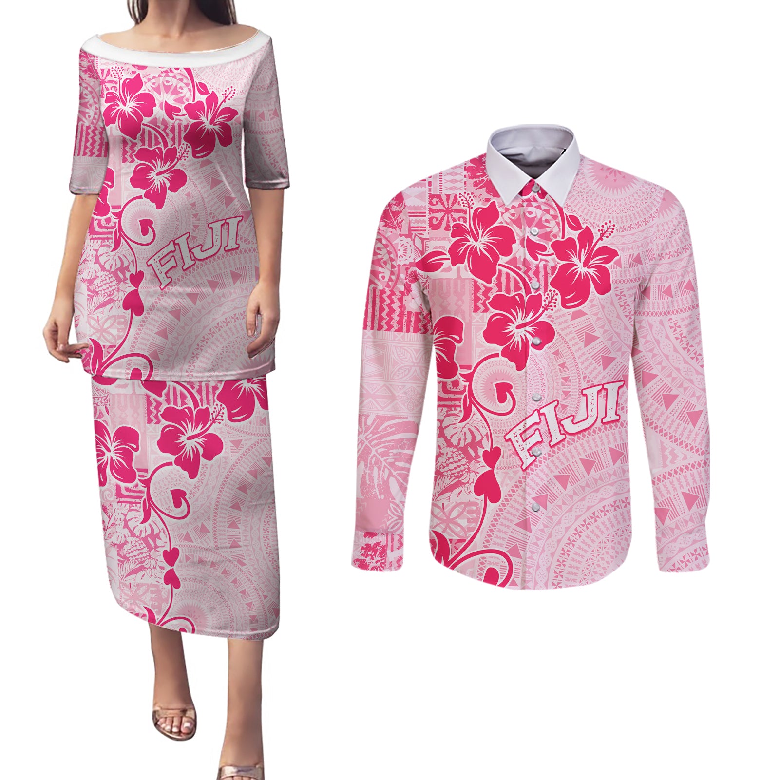 Fiji Masi With Hibiscus Tapa Tribal Couples Matching Puletasi Dress and Long Sleeve Button Shirt Pink Pastel LT01 Pink - Polynesian Pride