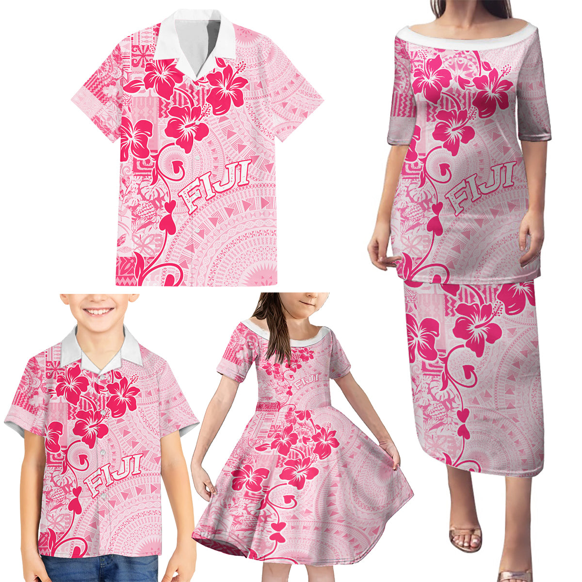 Fiji Masi With Hibiscus Tapa Tribal Family Matching Puletasi Dress and Hawaiian Shirt Pink Pastel LT01 - Polynesian Pride