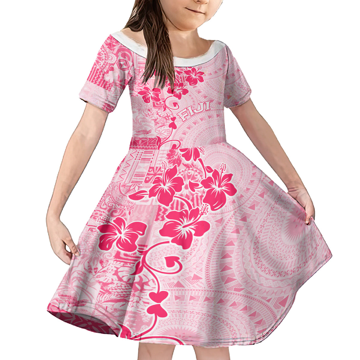 Fiji Masi With Hibiscus Tapa Tribal Kid Short Sleeve Dress Pink Pastel LT01 KID Pink - Polynesian Pride