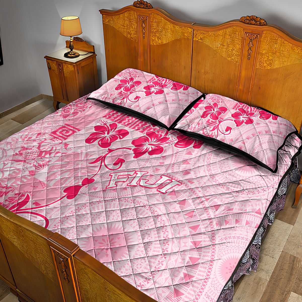 Fiji Masi With Hibiscus Tapa Tribal Quilt Bed Set Pink Pastel LT01 - Polynesian Pride