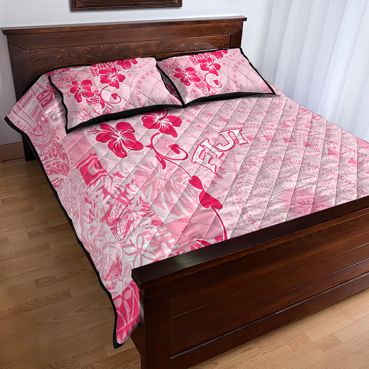 Fiji Masi With Hibiscus Tapa Tribal Quilt Bed Set Pink Pastel LT01 - Polynesian Pride