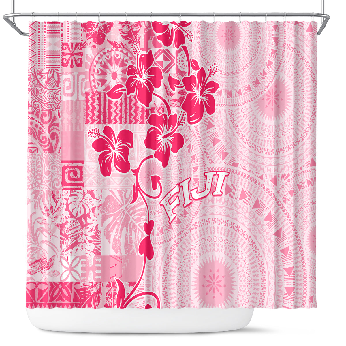 Fiji Masi With Hibiscus Tapa Tribal Shower Curtain Pink Pastel LT01 Pink - Polynesian Pride