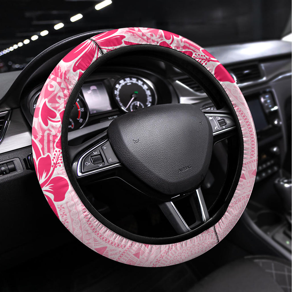 Fiji Masi With Hibiscus Tapa Tribal Steering Wheel Cover Pink Pastel