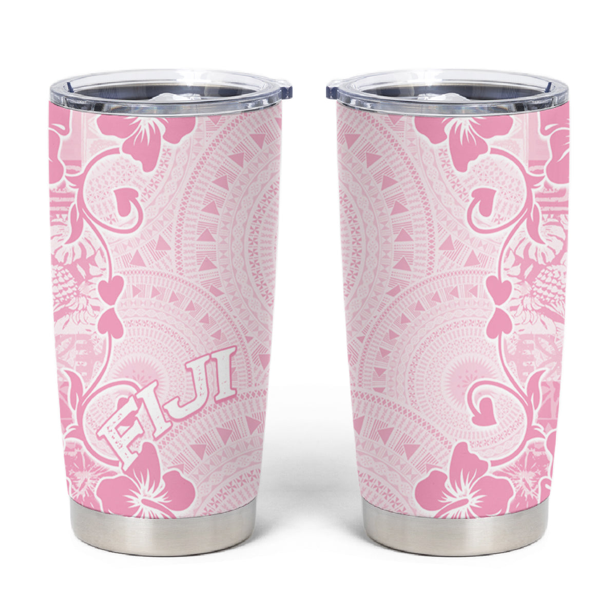 Fiji Masi With Hibiscus Tapa Tribal Tumbler Cup Pink Pastel LT01 Pink - Polynesian Pride
