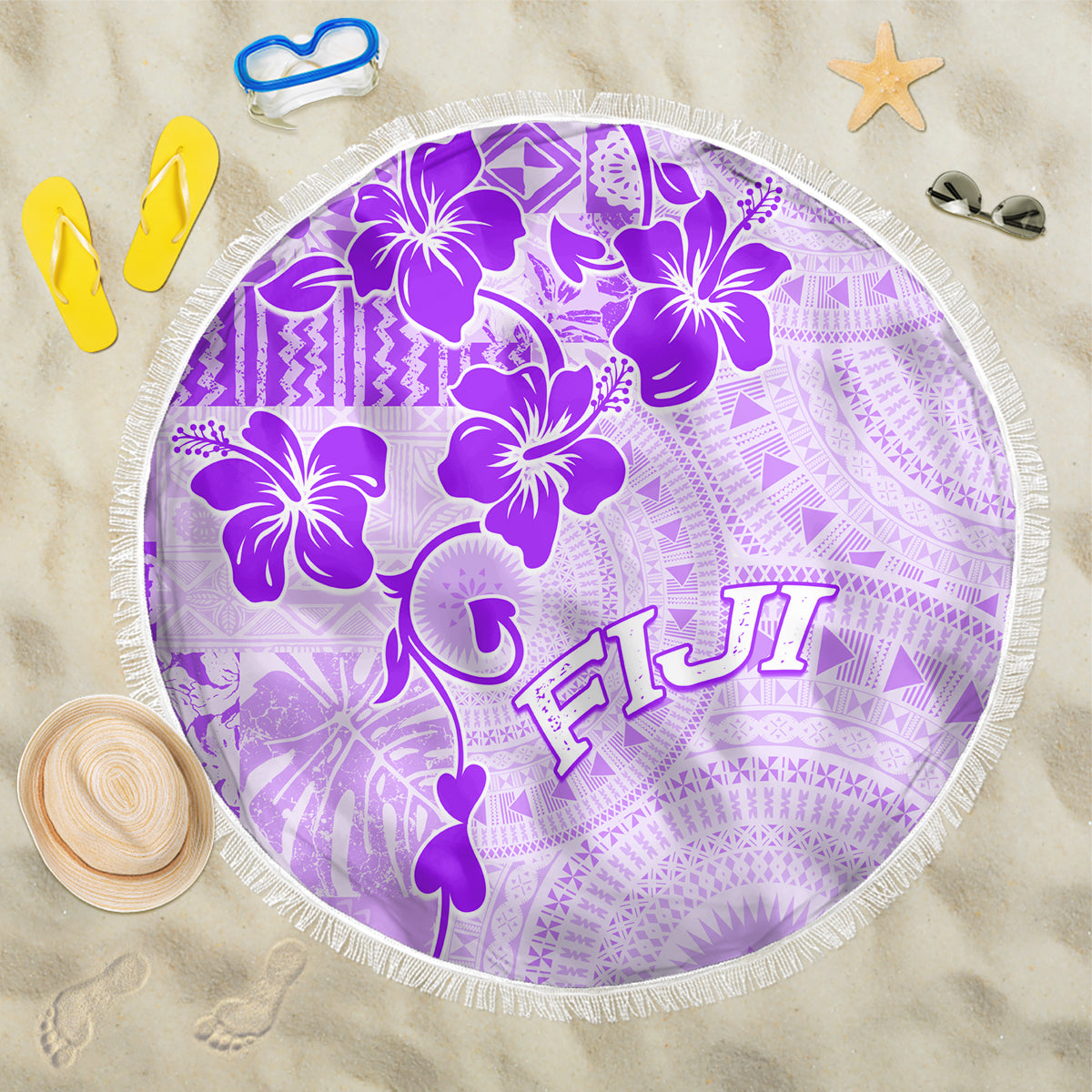 Fiji Masi With Hibiscus Tapa Tribal Beach Blanket Purple Pastel LT01 One Size 150cm Purple - Polynesian Pride