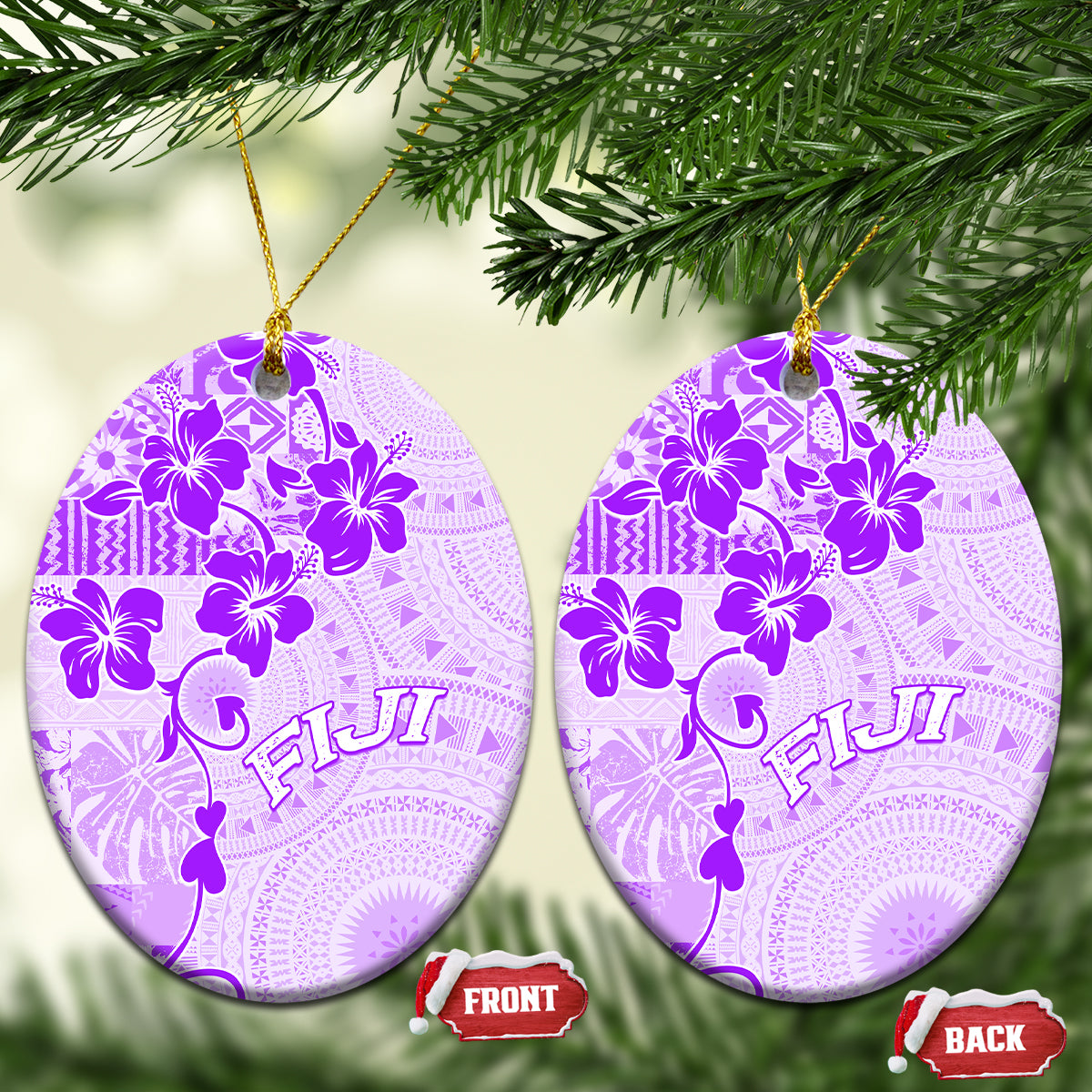 Fiji Masi With Hibiscus Tapa Tribal Ceramic Ornament Purple Pastel LT01 Oval Purple - Polynesian Pride