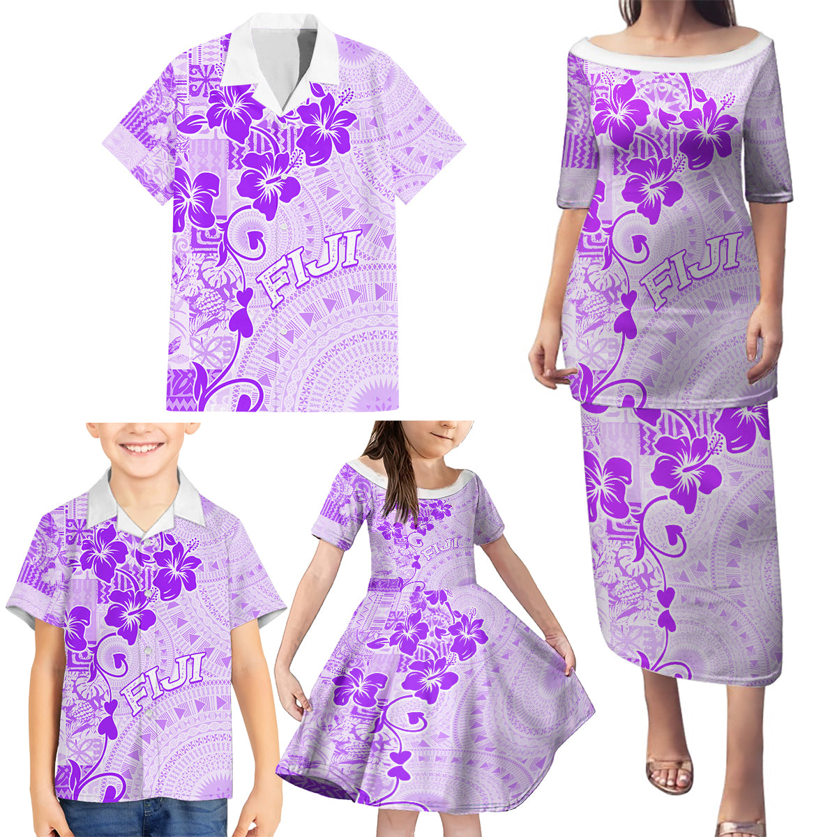 Fiji Masi With Hibiscus Tapa Tribal Family Matching Puletasi Dress and Hawaiian Shirt Purple Pastel LT01 - Polynesian Pride