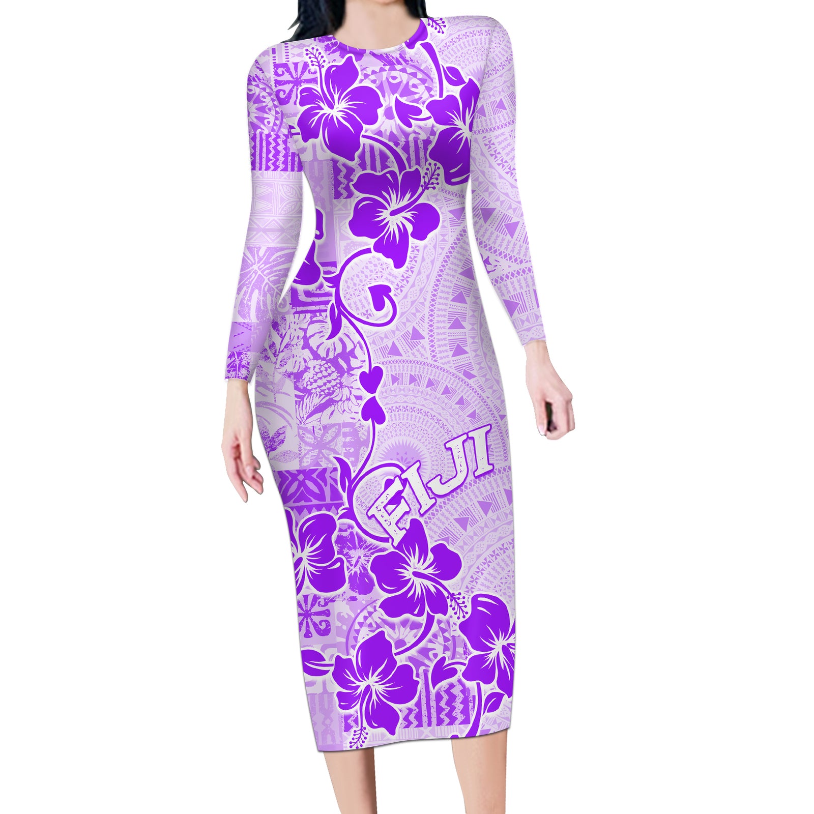 Fiji Masi With Hibiscus Tapa Tribal Long Sleeve Bodycon Dress Purple Pastel LT01 Long Dress Purple - Polynesian Pride