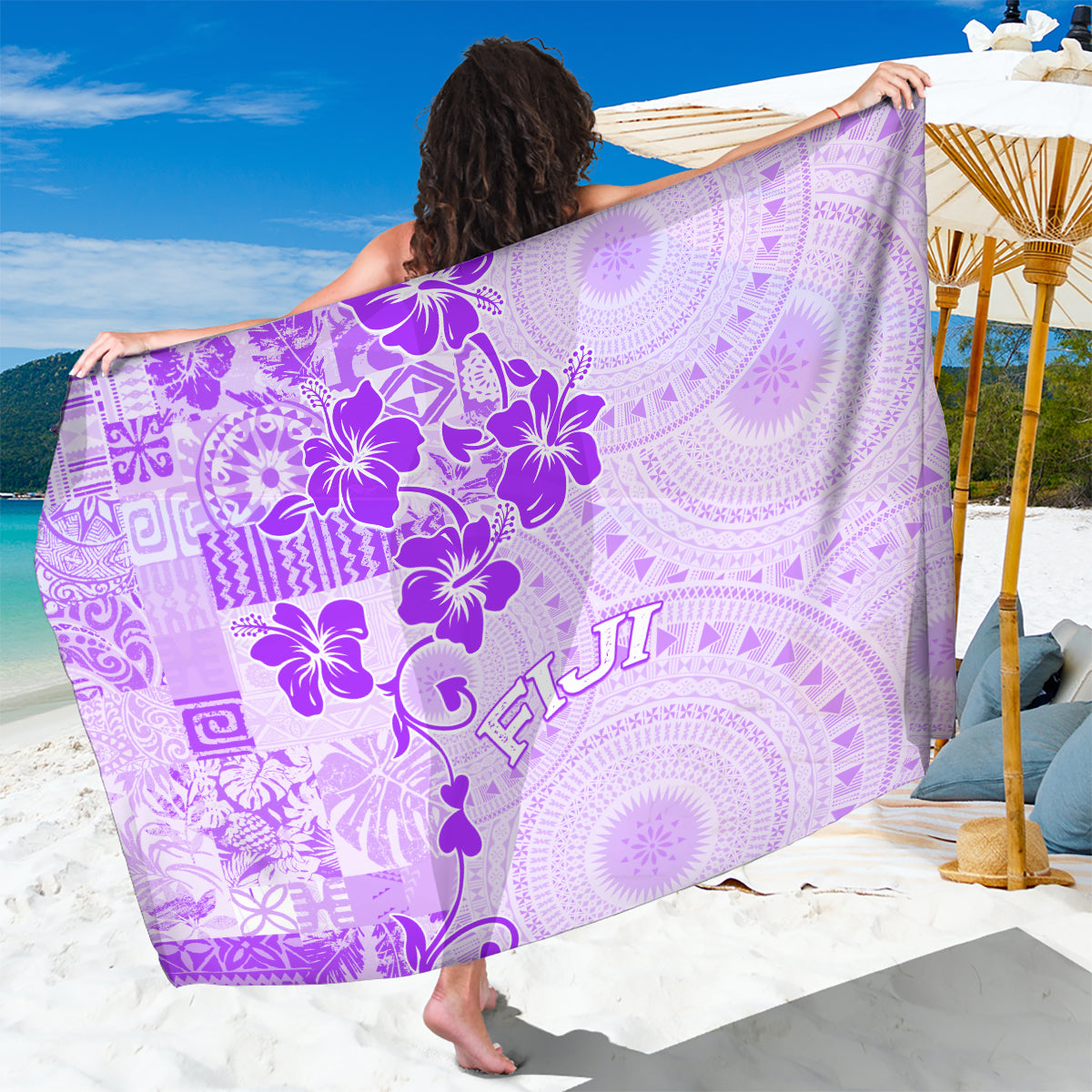 Fiji Masi With Hibiscus Tapa Tribal Sarong Purple Pastel LT01 One Size 44 x 66 inches Purple - Polynesian Pride