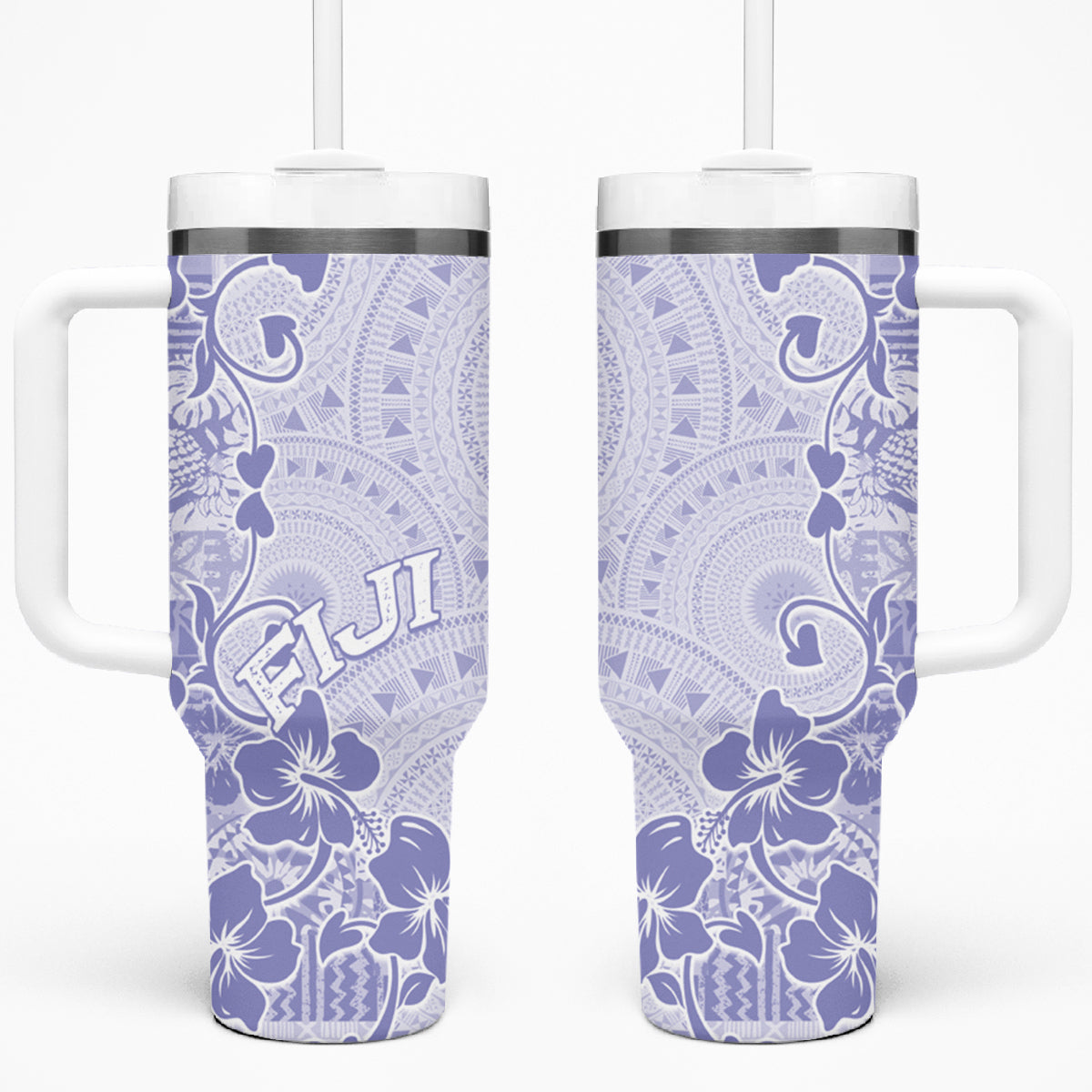 Fiji Masi With Hibiscus Tapa Tribal Tumbler With Handle Purple Pastel LT01 One Size: 40 oz Purple - Polynesian Pride