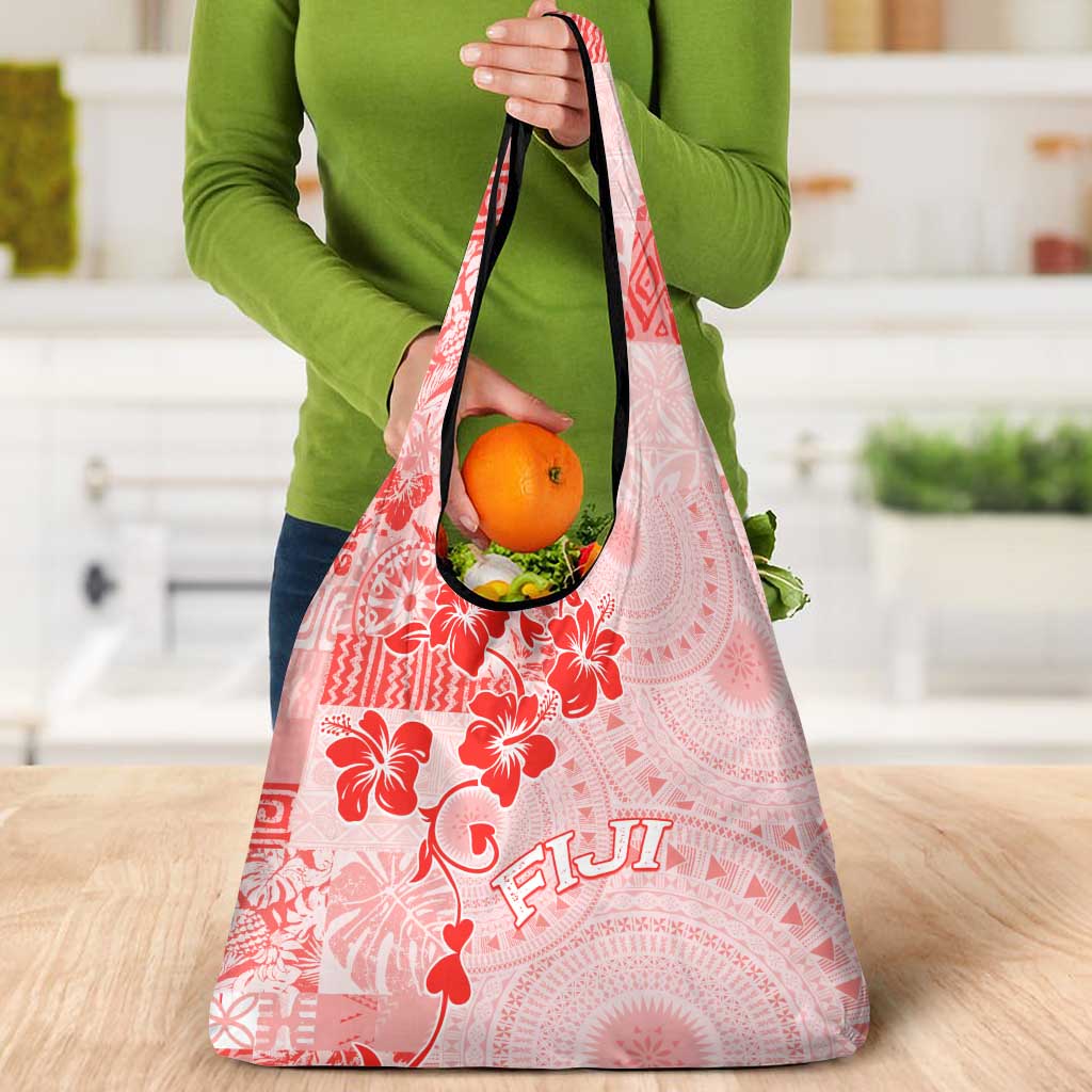 Fiji Masi With Hibiscus Tapa Tribal Grocery Bag Red Pastel LT01 - Polynesian Pride