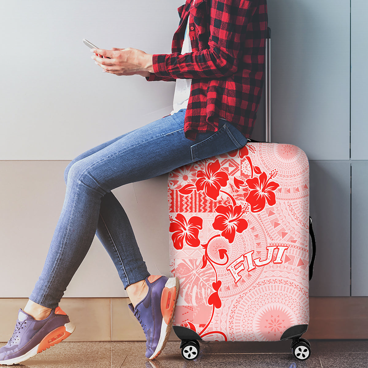 Fiji Masi With Hibiscus Tapa Tribal Luggage Cover Red Pastel LT01 - Polynesian Pride