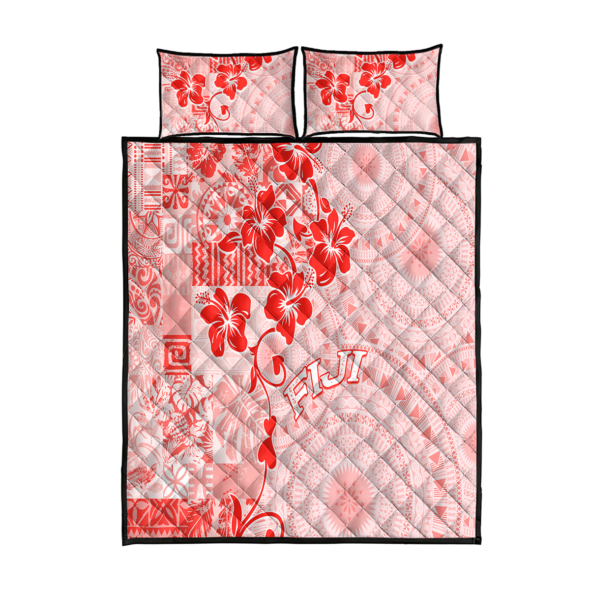 Fiji Masi With Hibiscus Tapa Tribal Quilt Bed Set Red Pastel LT01 Red - Polynesian Pride