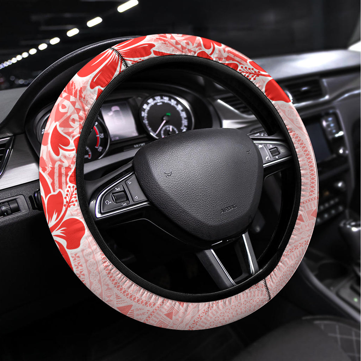 Fiji Masi With Hibiscus Tapa Tribal Steering Wheel Cover Red Pastel