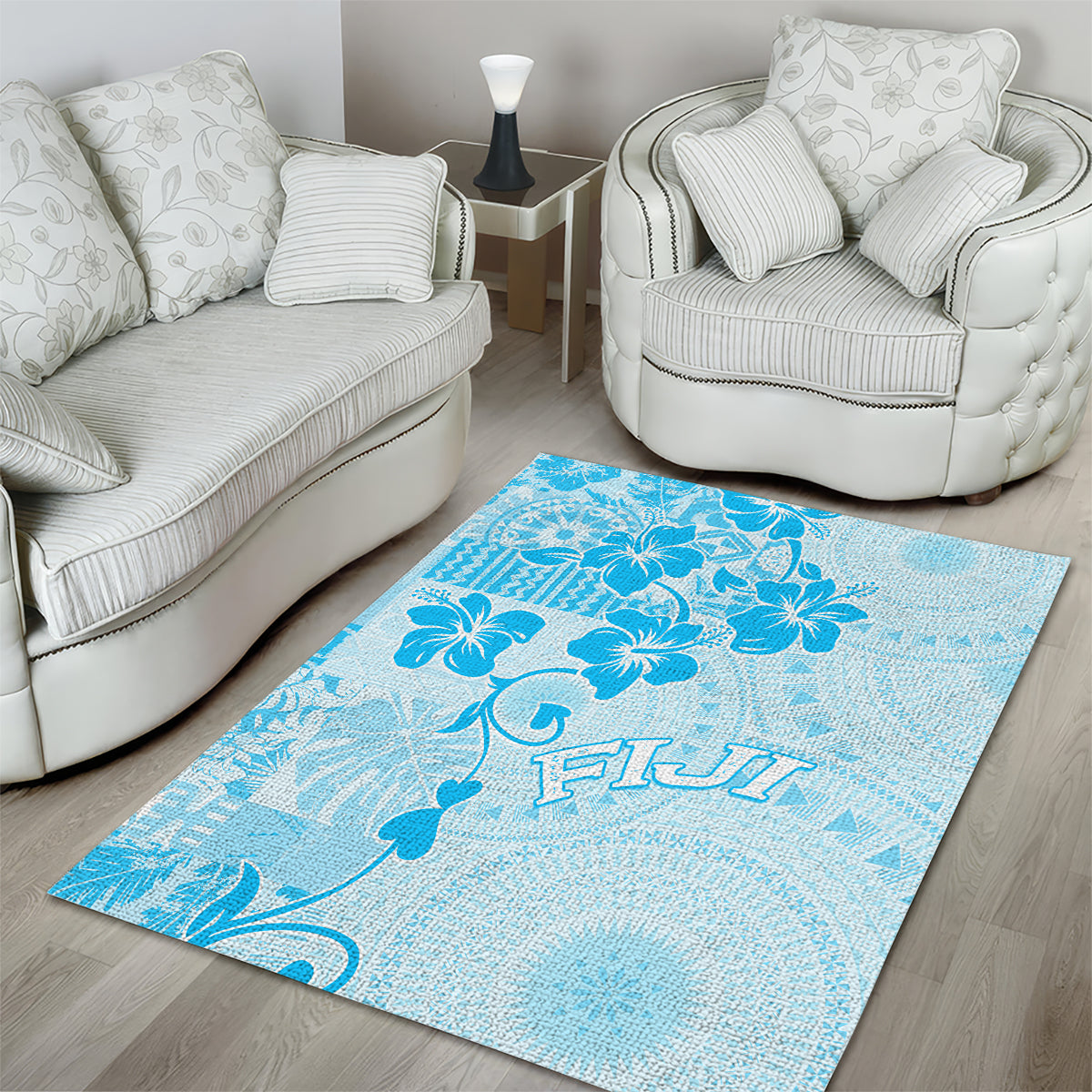 Fiji Masi With Hibiscus Tapa Tribal Area Rug Sky Blue Pastel LT01 - Polynesian Pride