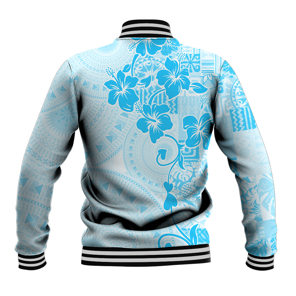 Fiji Masi With Hibiscus Tapa Tribal Baseball Jacket Sky Blue Pastel LT01 - Polynesian Pride