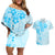 Fiji Masi With Hibiscus Tapa Tribal Couples Matching Off Shoulder Short Dress and Hawaiian Shirt Sky Blue Pastel LT01 Blue - Polynesian Pride