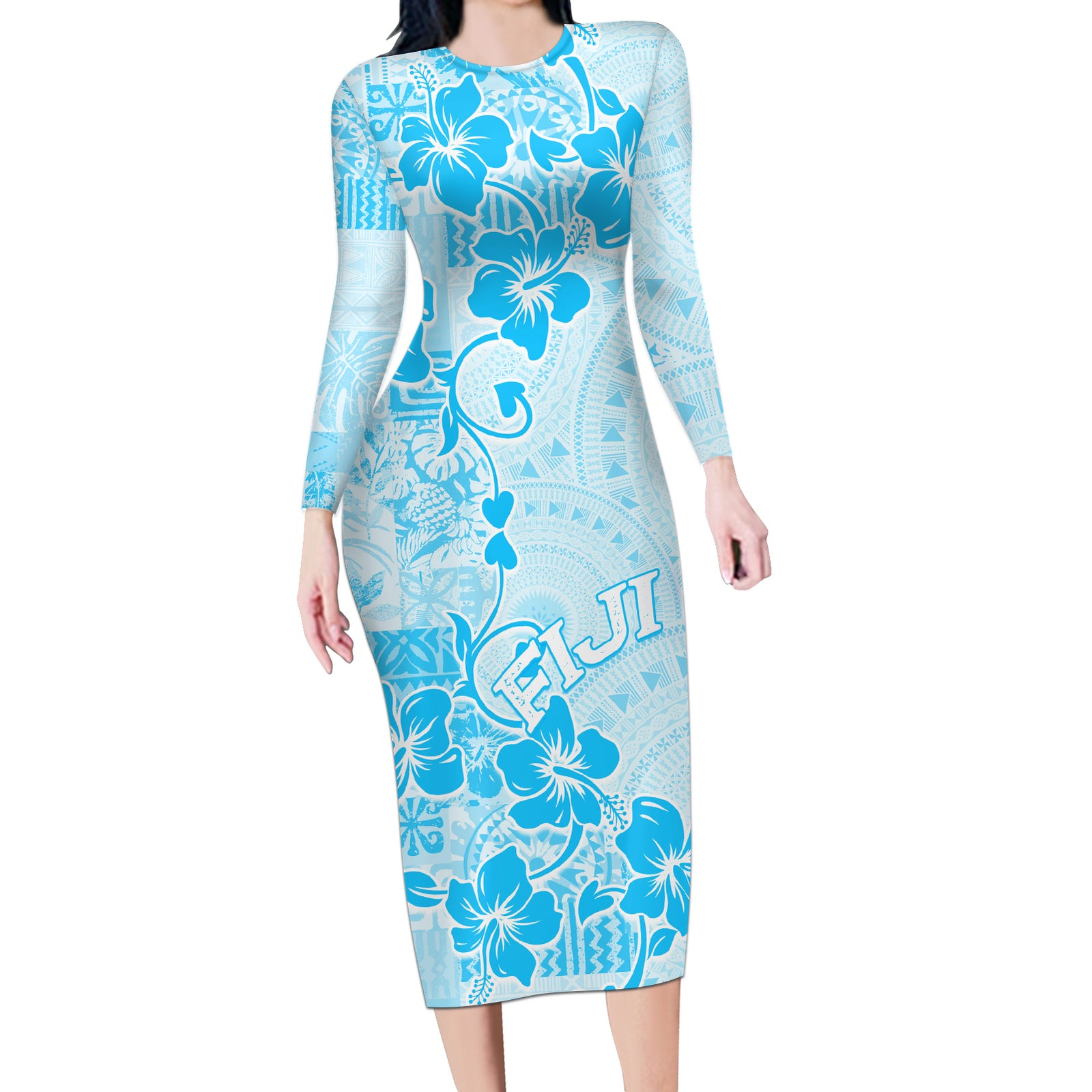 Fiji Masi With Hibiscus Tapa Tribal Long Sleeve Bodycon Dress Sky Blue Pastel LT01 Long Dress Blue - Polynesian Pride