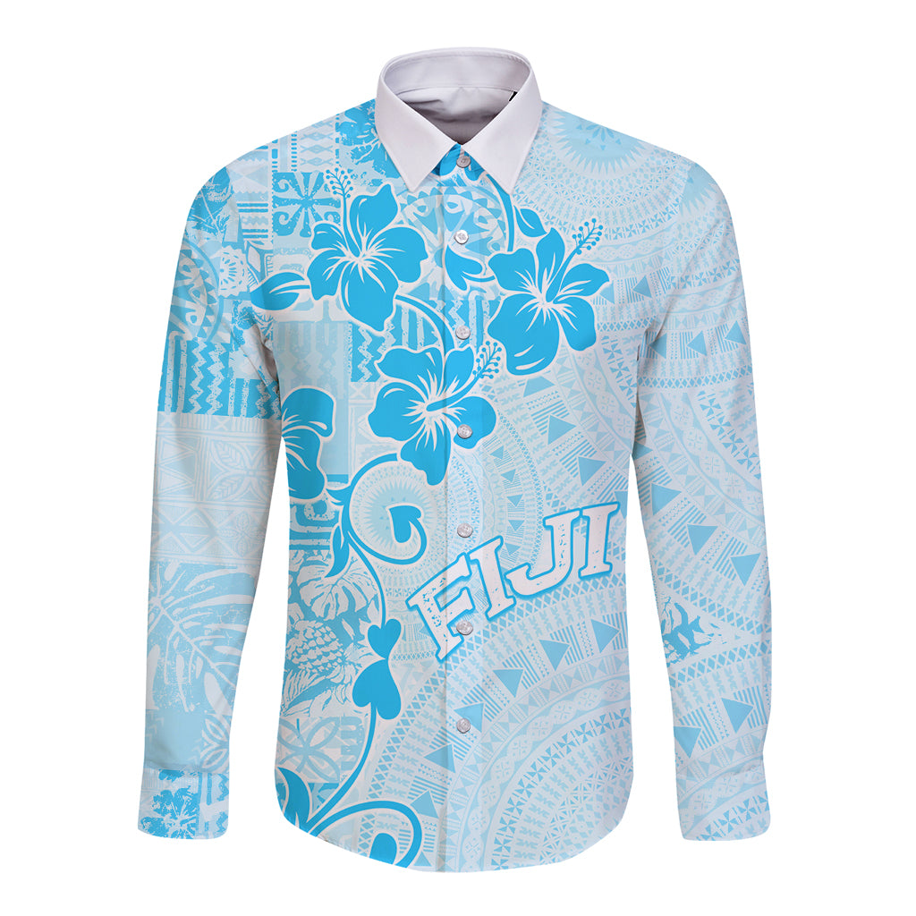 Fiji Masi With Hibiscus Tapa Tribal Long Sleeve Button Shirt Sky Blue Polynesian Pride