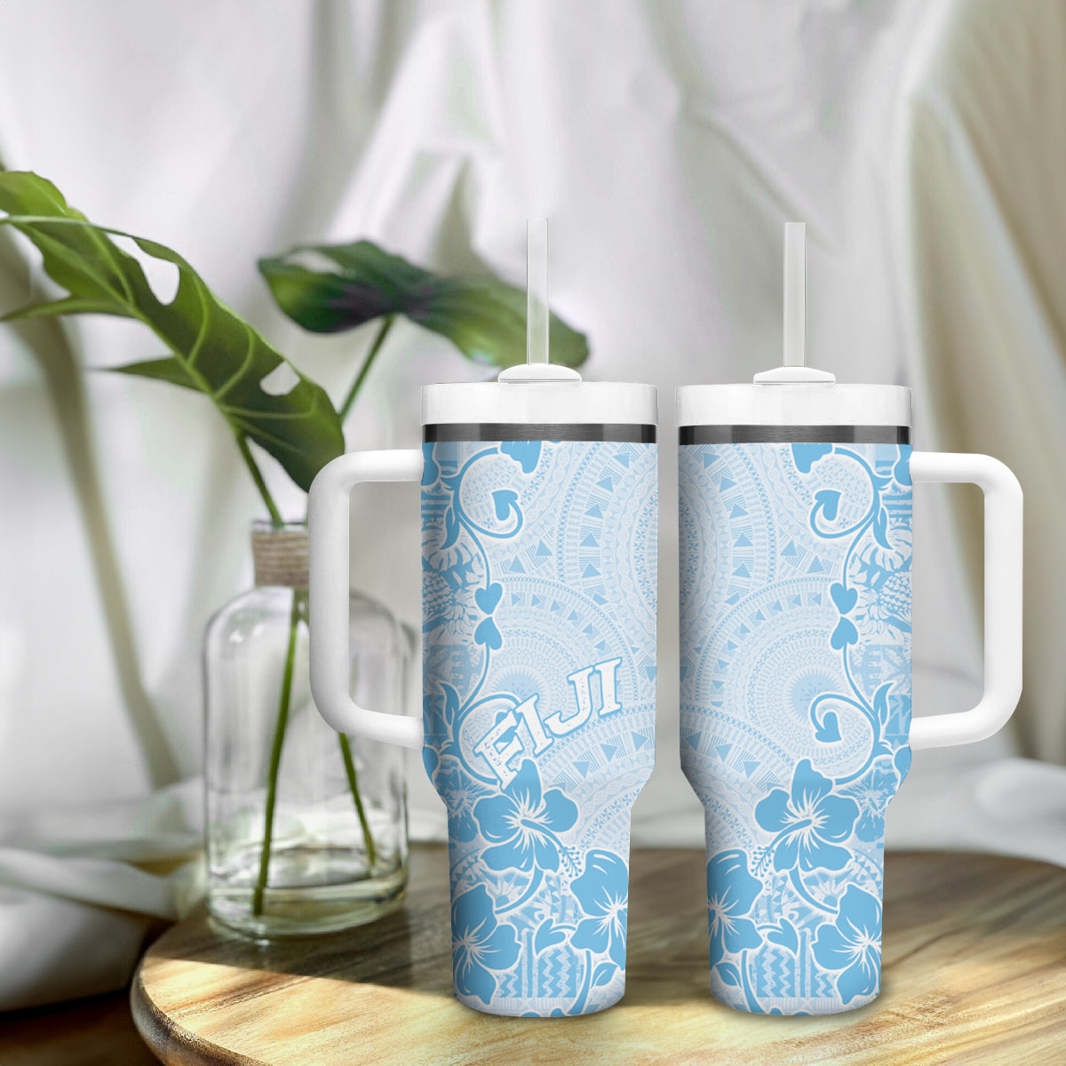 Fiji Masi With Hibiscus Tapa Tribal Tumbler With Handle Sky Blue Pastel LT01 - Polynesian Pride