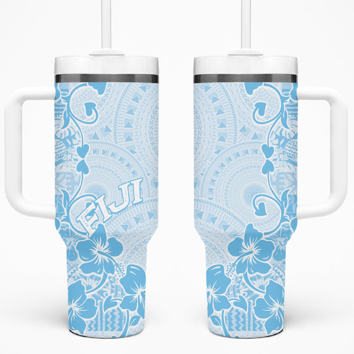 Fiji Masi With Hibiscus Tapa Tribal Tumbler With Handle Sky Blue Pastel LT01 One Size: 40 oz Blue - Polynesian Pride