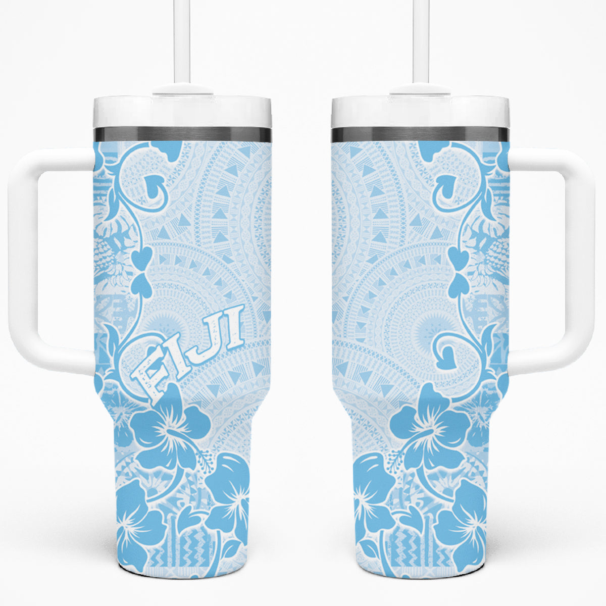 Fiji Masi With Hibiscus Tapa Tribal Tumbler With Handle Sky Blue Pastel