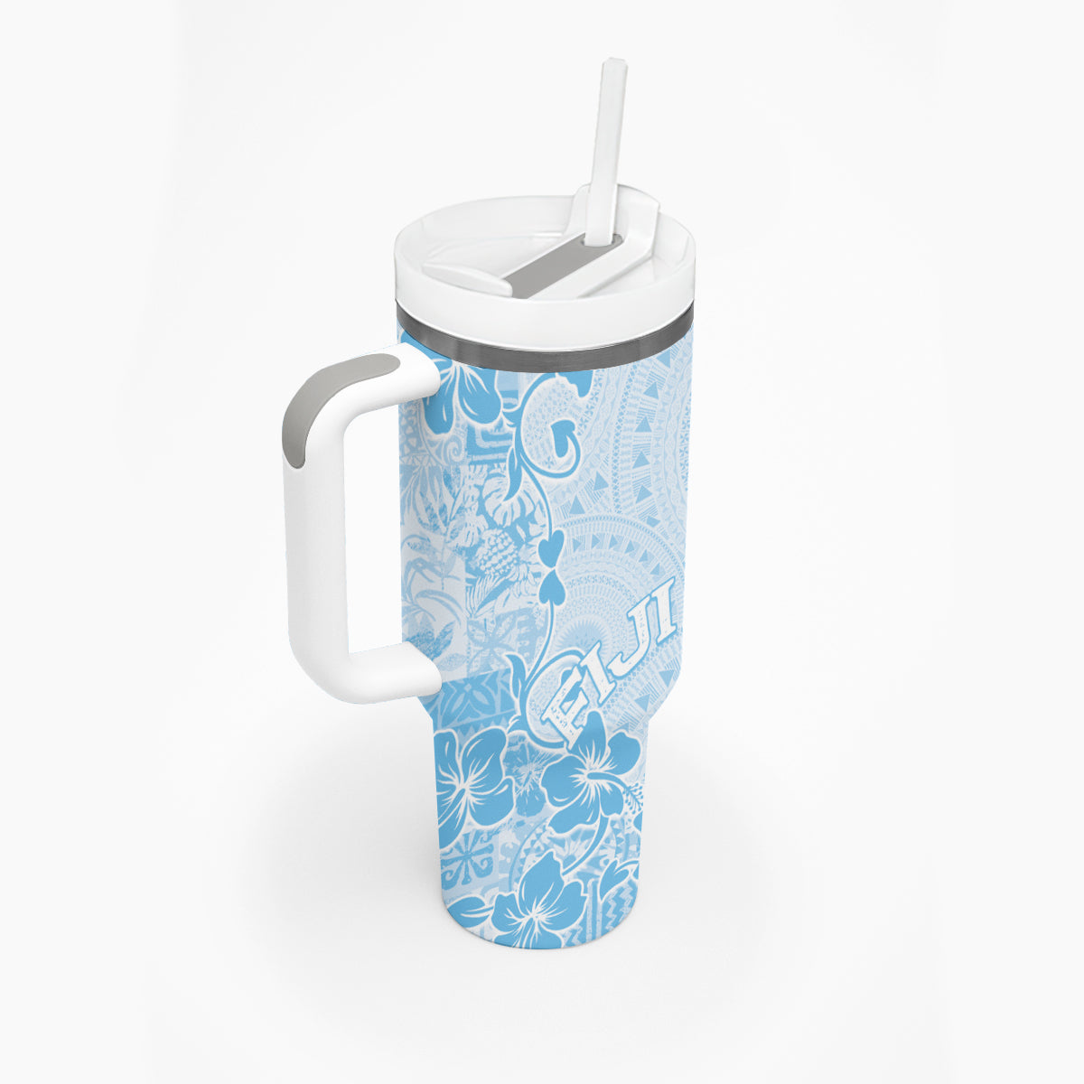 Fiji Masi With Hibiscus Tapa Tribal Tumbler With Handle Sky Blue Pastel LT01 - Polynesian Pride