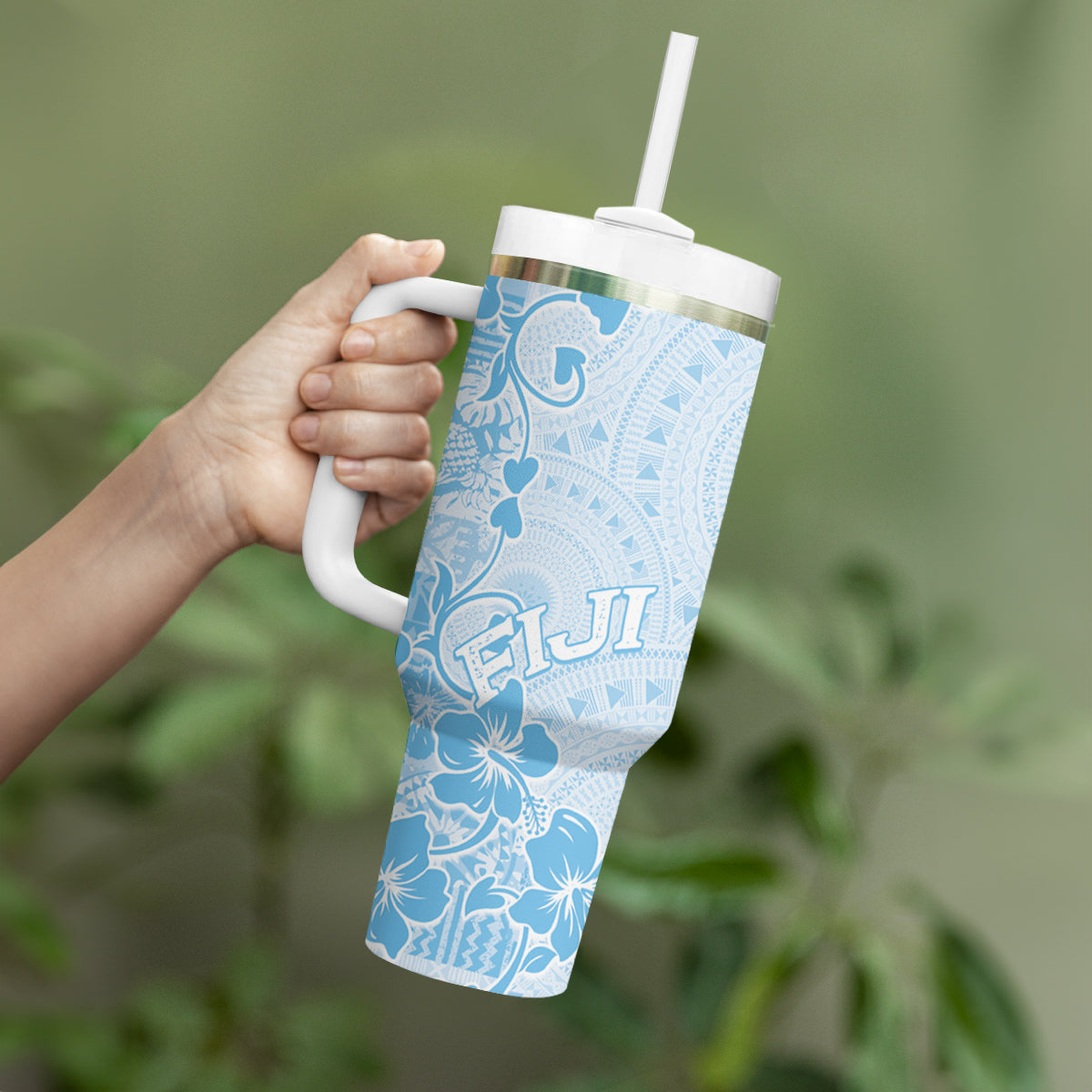 Fiji Masi With Hibiscus Tapa Tribal Tumbler With Handle Sky Blue Pastel LT01 - Polynesian Pride