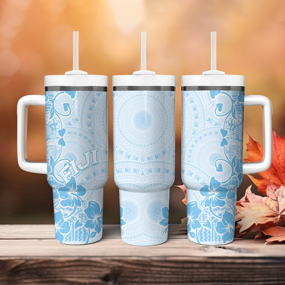 Fiji Masi With Hibiscus Tapa Tribal Tumbler With Handle Sky Blue Pastel LT01 - Polynesian Pride