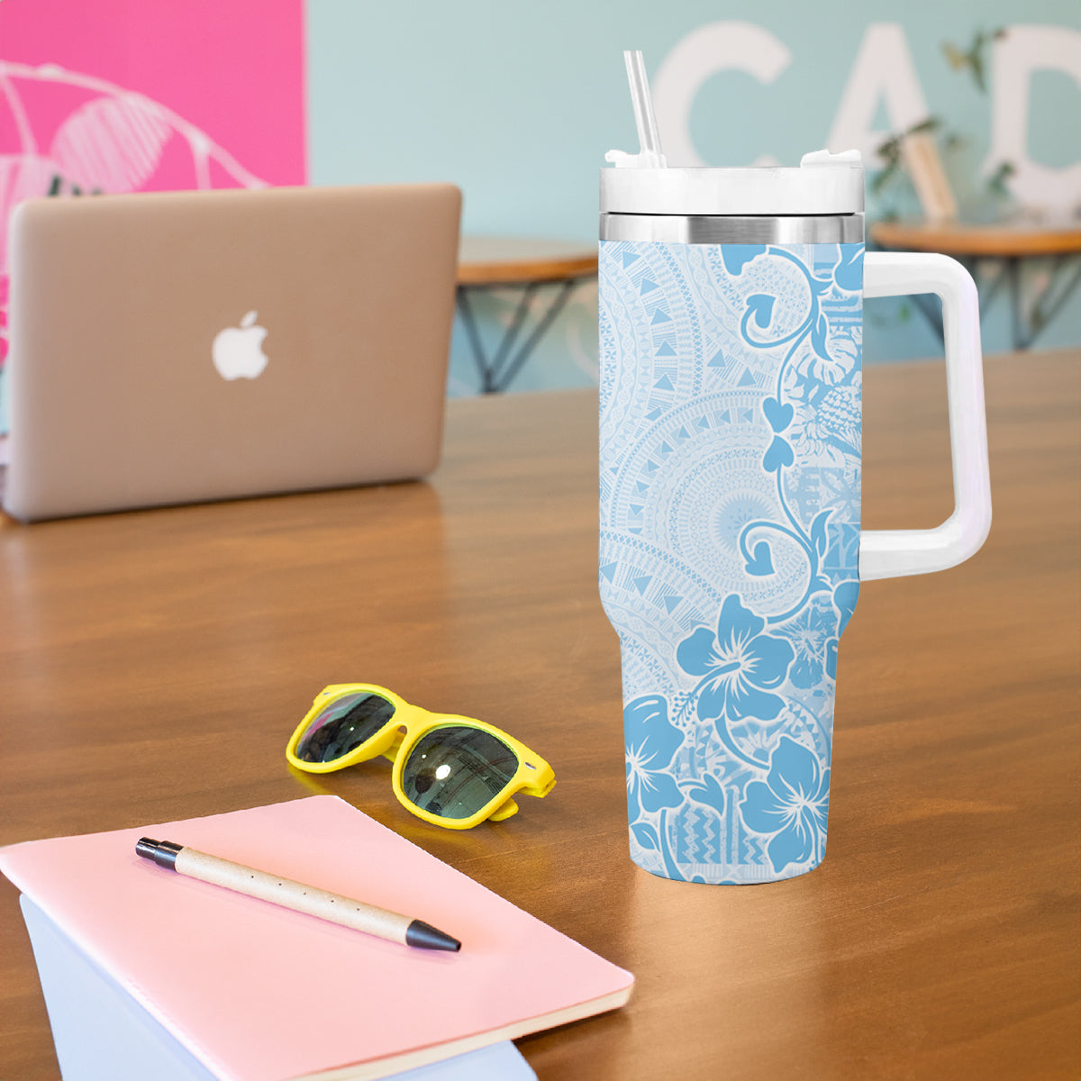 Fiji Masi With Hibiscus Tapa Tribal Tumbler With Handle Sky Blue Pastel LT01 - Polynesian Pride