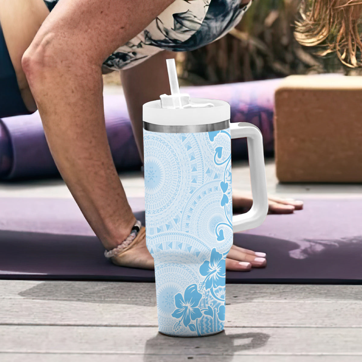 Fiji Masi With Hibiscus Tapa Tribal Tumbler With Handle Sky Blue Pastel LT01 - Polynesian Pride