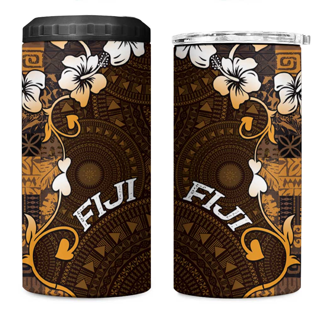 Fiji Masi 4 in 1 Can Cooler Tumbler Fijian Hibiscus Tapa Gold Version LT01 One Size: 16 oz Gold - Polynesian Pride