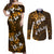 Fiji Masi With Hibiscus Tapa Tribal Couples Matching Off Shoulder Maxi Dress and Long Sleeve Button Shirt Gold Version LT01 Gold - Polynesian Pride