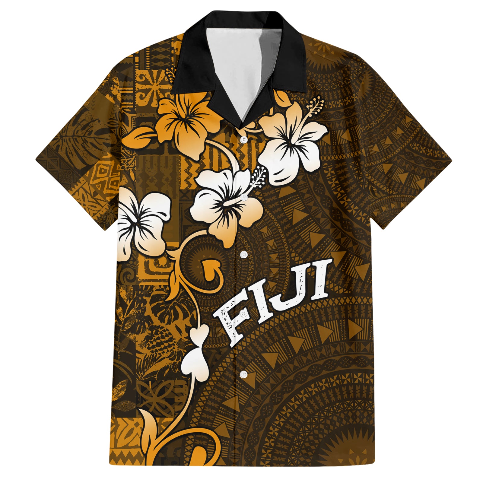 Fiji Masi With Hibiscus Tapa Tribal Hawaiian Shirt Gold Version LT01 Gold - Polynesian Pride