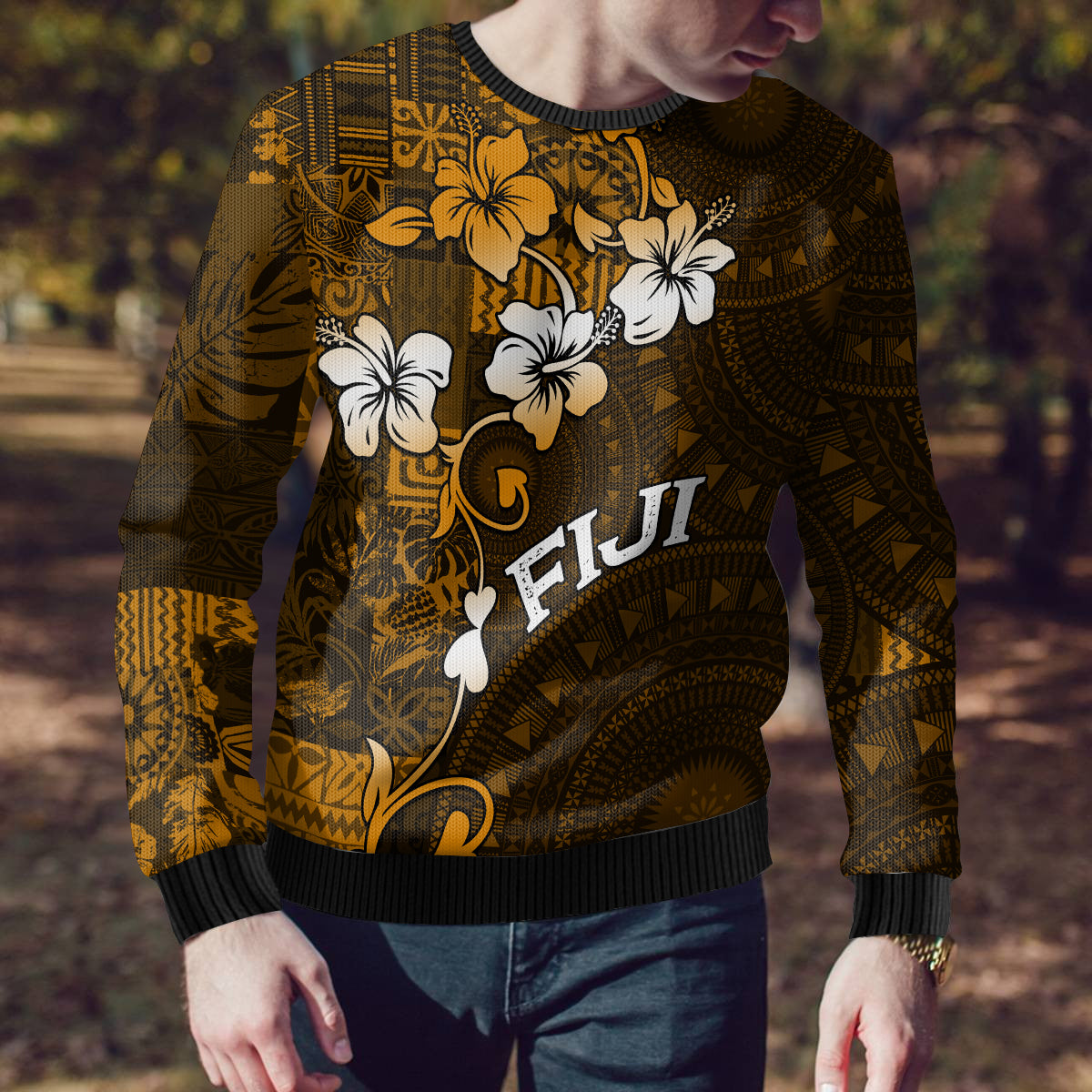 Fiji Masi With Hibiscus Tapa Tribal Ugly Christmas Sweater Gold Version LT01 - Polynesian Pride