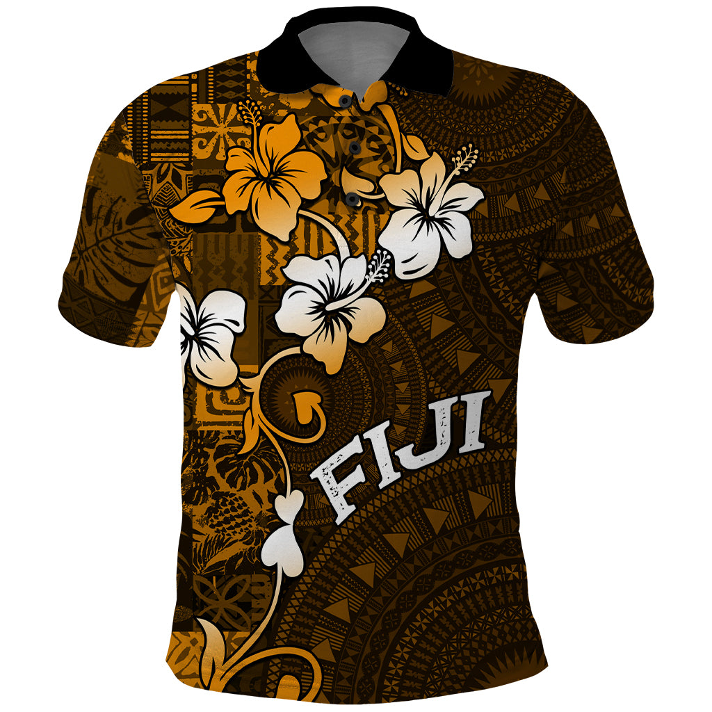 Fiji Masi With Hibiscus Tapa Tribal Polo Shirt Gold Version LT01 Gold - Polynesian Pride