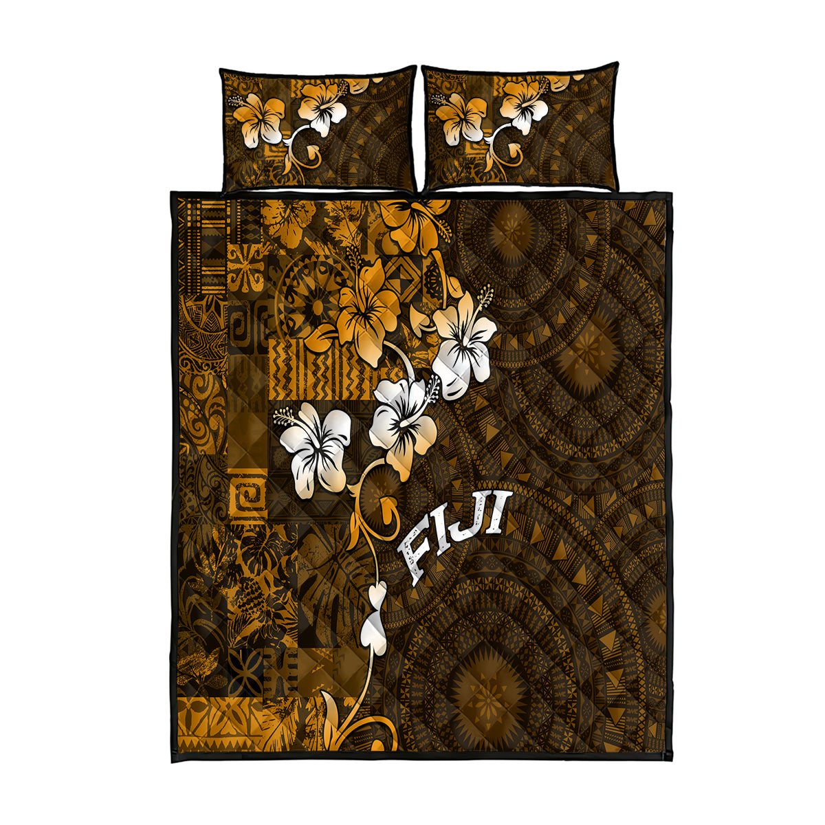 Fiji Masi With Hibiscus Tapa Tribal Quilt Bed Set Gold Version LT01 Gold - Polynesian Pride