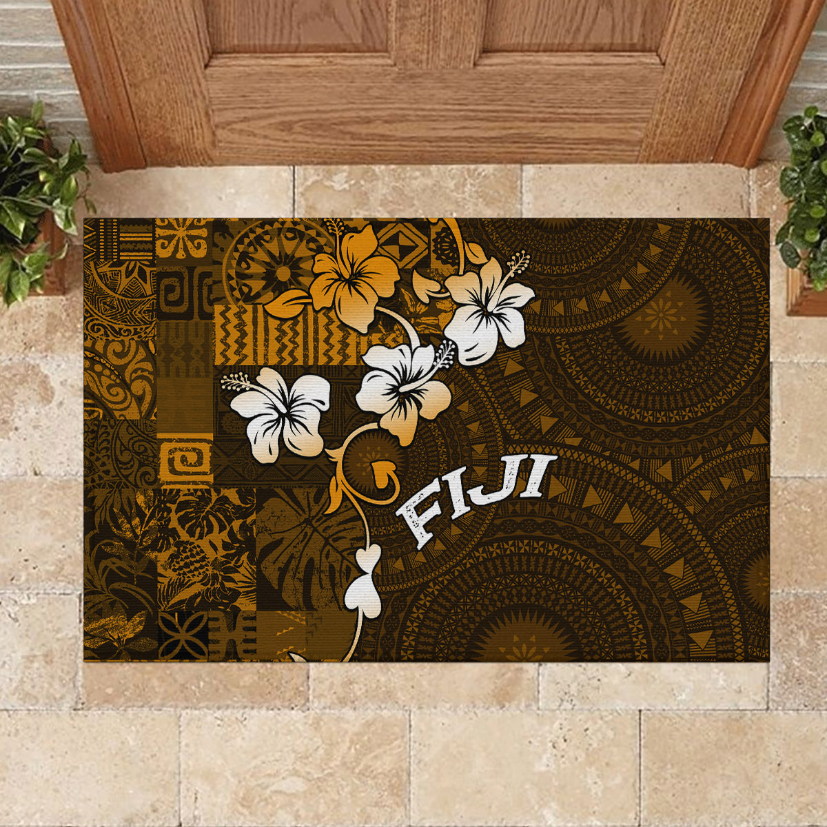 Fiji Masi With Hibiscus Tapa Tribal Rubber Doormat Gold Version LT01 - Polynesian Pride