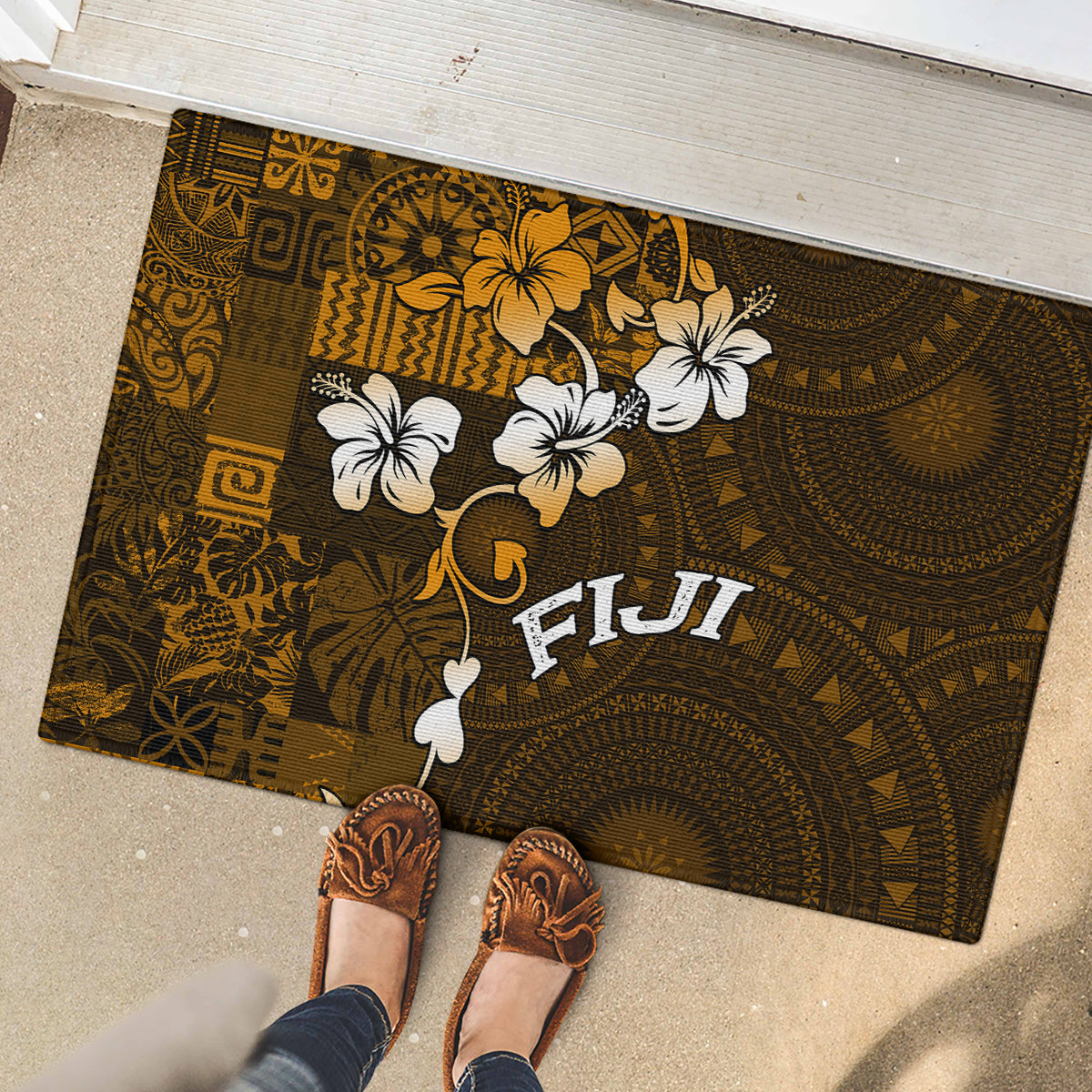 Fiji Masi With Hibiscus Tapa Tribal Rubber Doormat Gold Version LT01 - Polynesian Pride