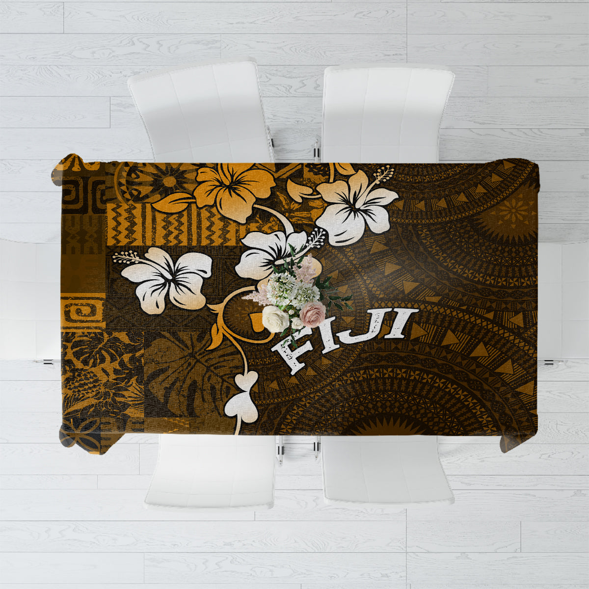 Fiji Masi With Hibiscus Tapa Tribal Tablecloth Gold Version LT01 Gold - Polynesian Pride