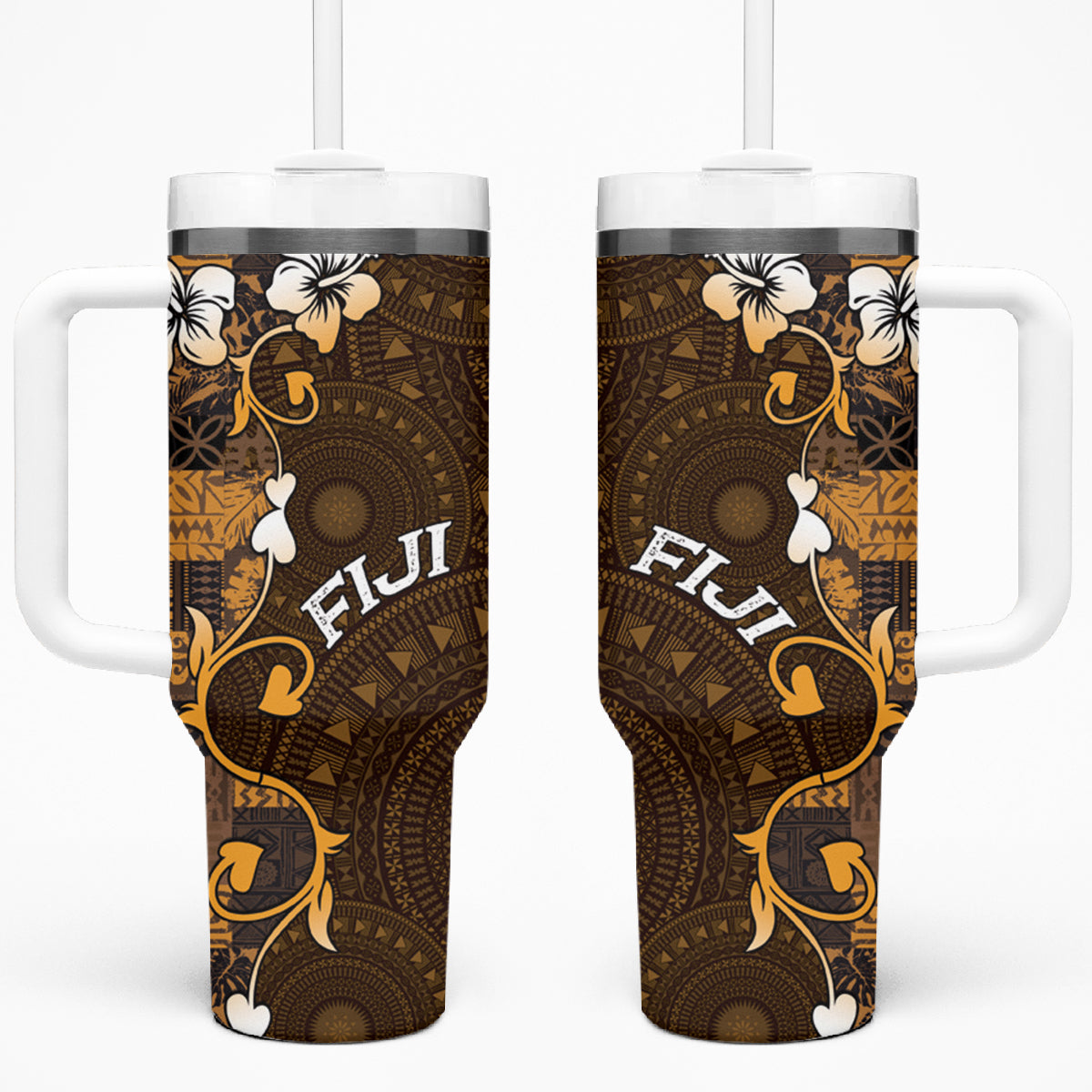 Fiji Masi Tumbler With Handle Fijian Hibiscus Tapa Gold Version LT01 One Size: 40 oz Gold - Polynesian Pride