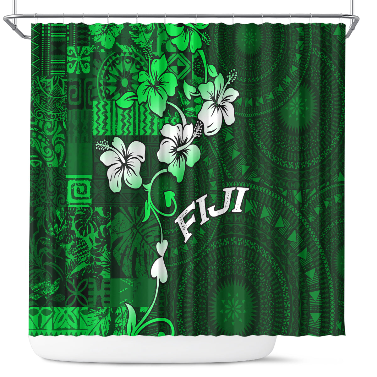 Fiji Masi Shower Curtain Fijian Hibiscus Tapa Green Version LT01 Green - Polynesian Pride