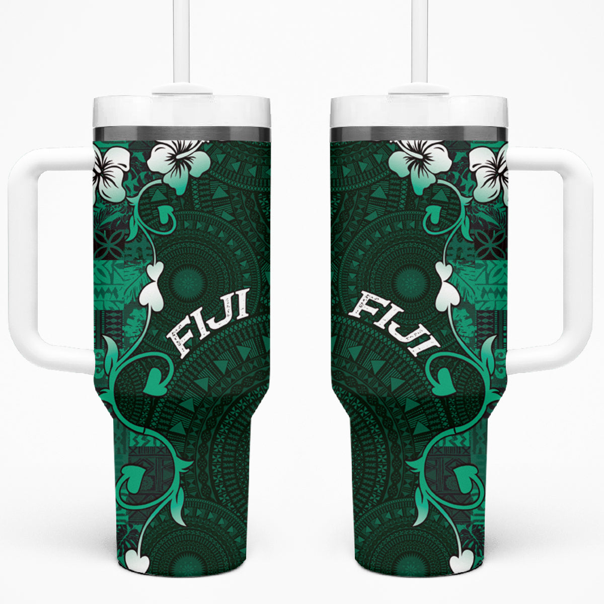 Fiji Masi Tumbler With Handle Fijian Hibiscus Tapa Green Version