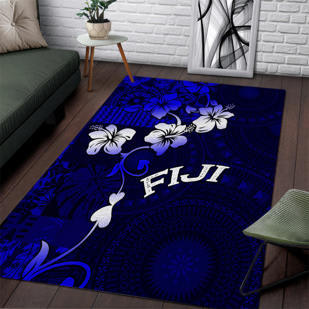 Fiji Masi Area Rug Fijian Hibiscus Navy Blue Gold Version LT01 Blue - Polynesian Pride